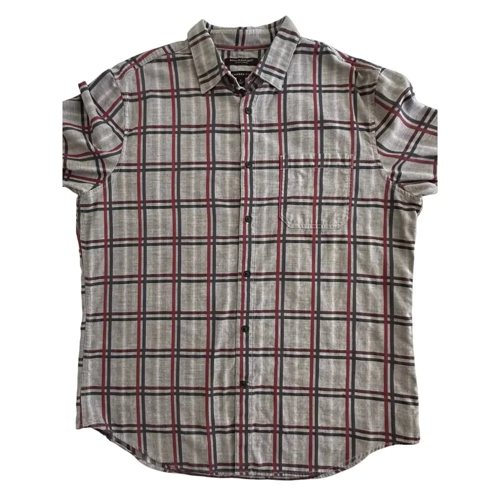 Banana Republic Mens Luxe Flannel‎ Shirt Large Camden Fit Gray Windowpane Plaid